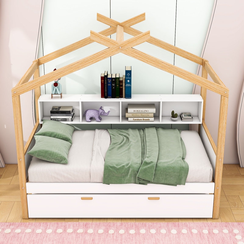 Twin Wooden Bed With Trundle And Bookshelf Storage