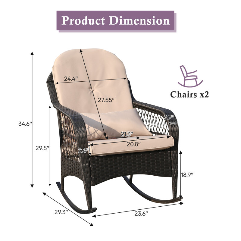 Chaise berçante d'extérieur en osier avec coussins rembourrés, chaise berçante de véranda en rotin avec accoudoirs pour le jardin, le patio et la cour (ensemble de 2)