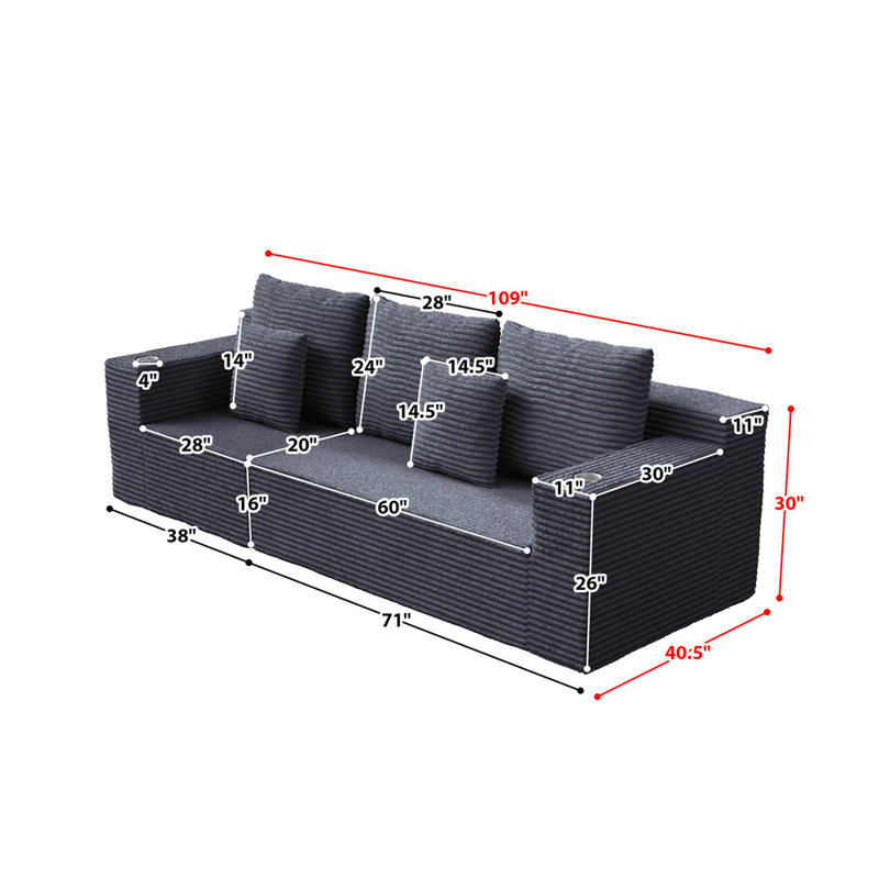Canapé modulaire profond en velours côtelé avec porte-gobelets, aucun assemblage requis, Gris