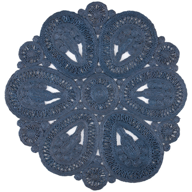 Tapis rond en jute tissé à la main bleu marine Dumas, Rond 8 pi