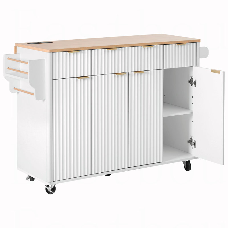 Fluted Kitchen Island with Storage, 55.5" Kitchen Island with Drop Leaf, Power Outlet, 4 Doors and 3 Drawers, Rolling Island Table with Wood-grain Top, Curved Edge for Kitchen,Dining Room White