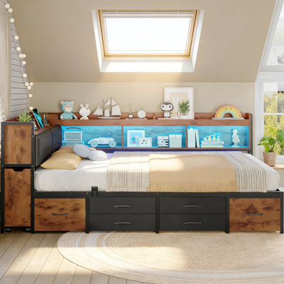 Upholstered Convertible Full Daybed with Storage Pull-out Cabinet Bookcase & L-Shaped Headboard Under-Bed Drawers Metal Platform Bed