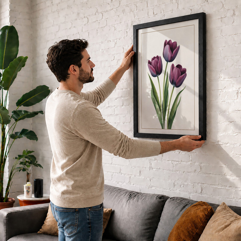 Purple Tulips Botanical - Framed Print, Black, A4 - 29.7 x 21.0 cm