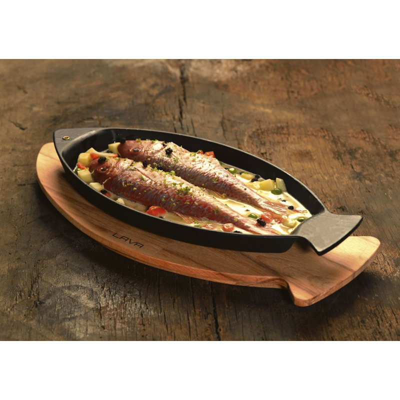 Lava Enameled Cast Iron Skillet 9.5 inch-Fish Shaped Pan with Beechwood Service Platter