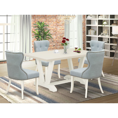 5-Piece Dining Room Table Set- 4 Parson Chairs with Baby Blue Linen Fabric Seat and Button Tufted Chair Back - Dining Room Table - linen white.