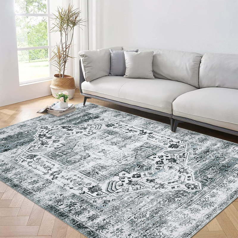 Tapis d'entrée dans le couloir de la cuisine - Revêtement de sol à poils courts antidérapant à motif oriental floral rétro (bleu)