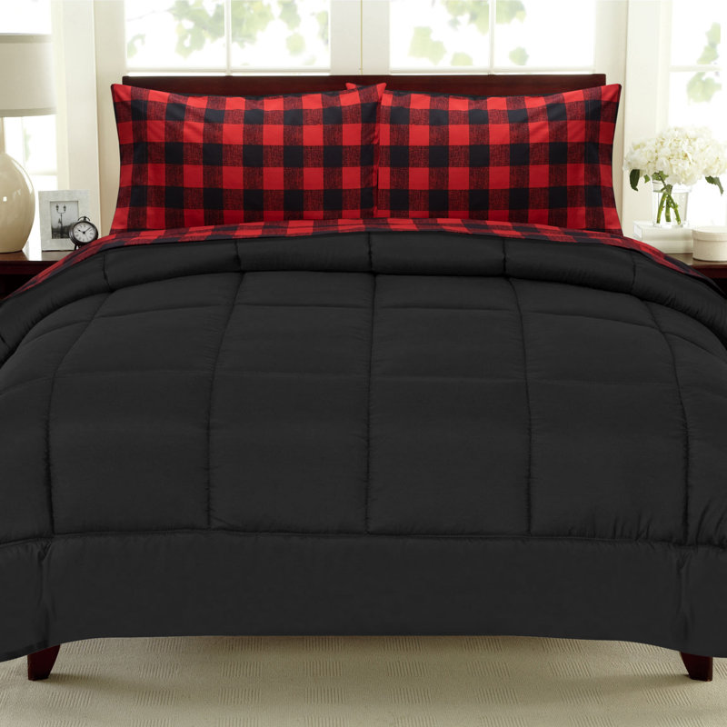 Ensemble d'édredon campagnard en microfibre noir à gros carreaux, Édredon double + 4 pièces supplémentaires