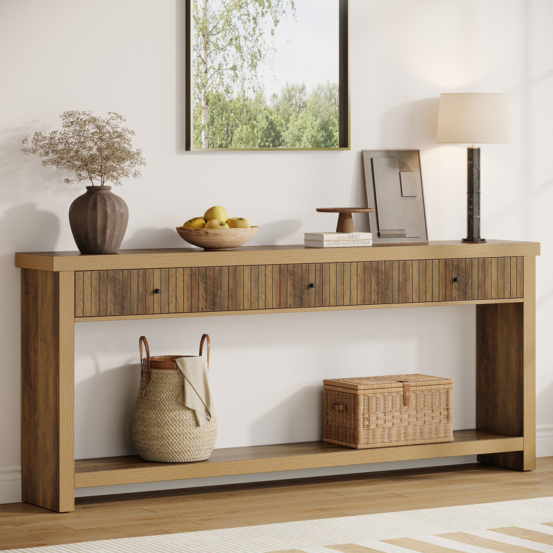 70.9 Inch Wood Console Table Long Sofa Table with 3 Drawers, Brown