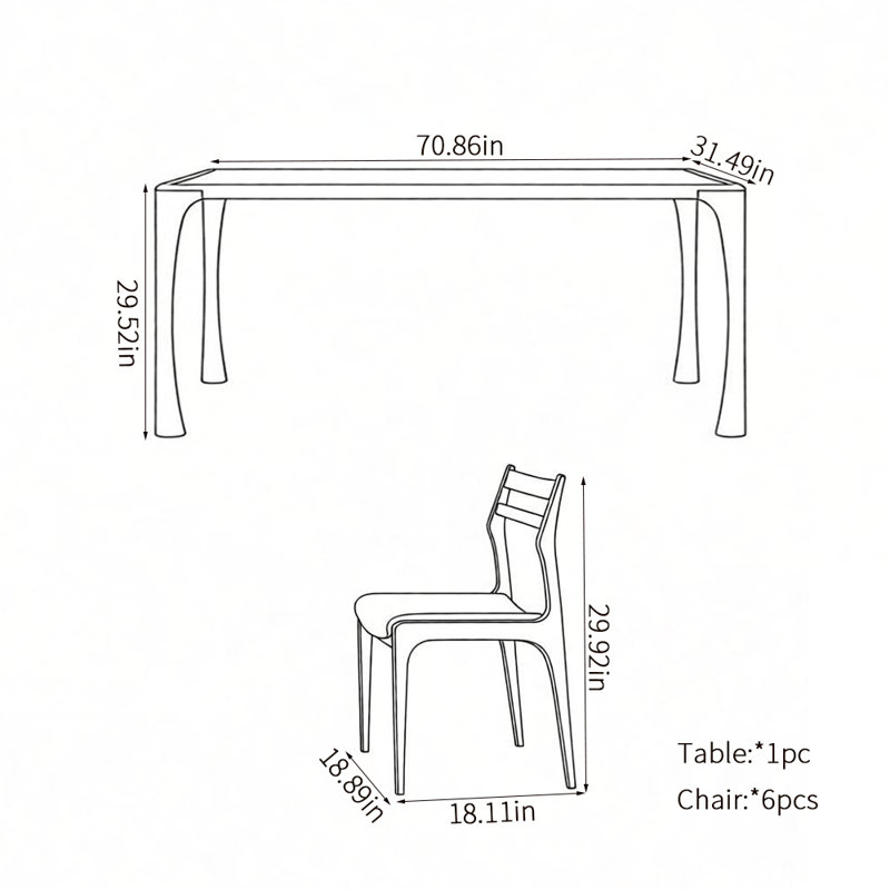 Ensembles de table à manger tendance et simples, 7 pièces : table, 6 chaises, H 29,52 po x l 70,86 po x P 31,49 po
