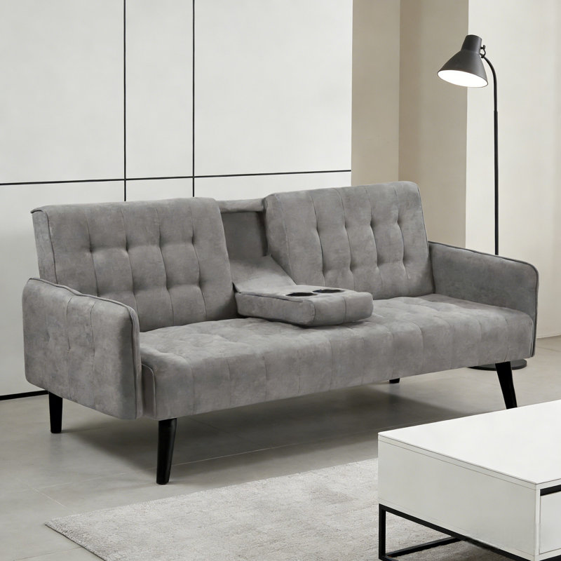 72" Futons Upholstered Convertible Sofa Bed With Cup Holders And Adjustable Backrest, Light Gray Linen, Black