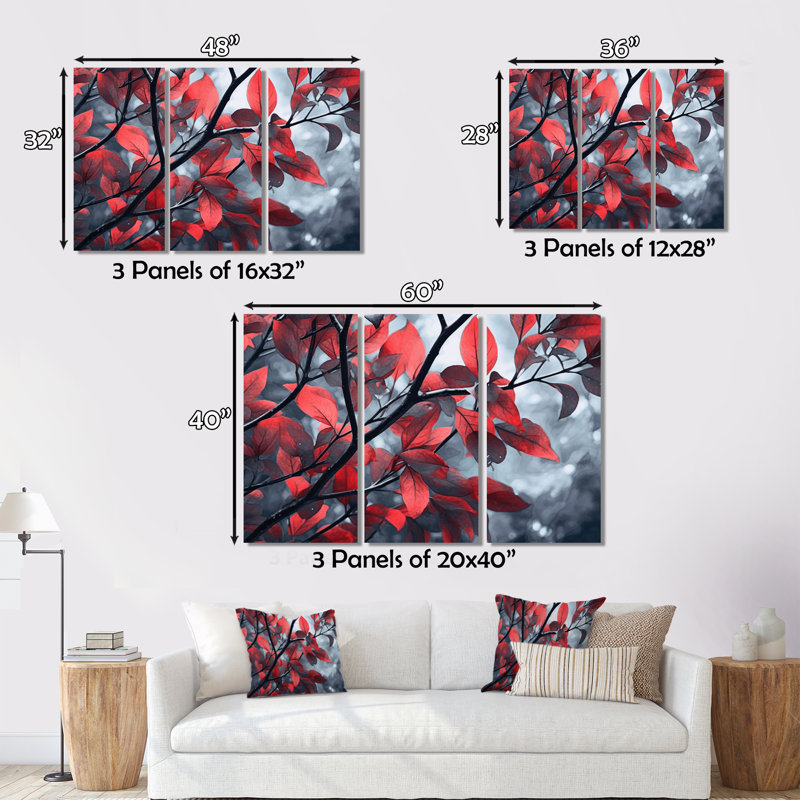 «Red Grey Leaves On Tree I On Canvas», reproduction de 3 pièces, H 40 po x l 60 po x P 1 po