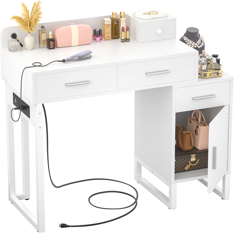 Coiffeuse de maquillage réversible avec chariot, Blanc