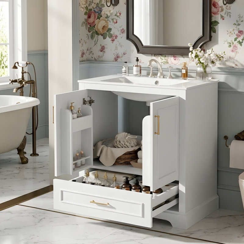 Meuble-lavabo moderne avec lavabo en céramique, Blanc, 28"