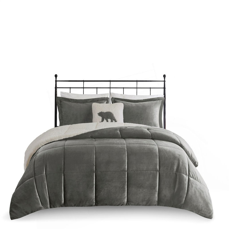 Ensemble d'édredon en duvet très grand à Sherpa, Édredon très grand et 3 pièces supplémentaires, Ivoire/gris anthracite