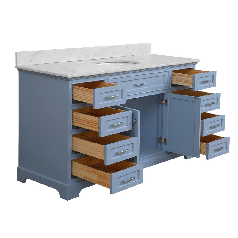 Ensemble de meuble-lavabo simple 60 po avec comptoir bleu poudre Ronnie, Marbre de Carrare, Bleu poudre
