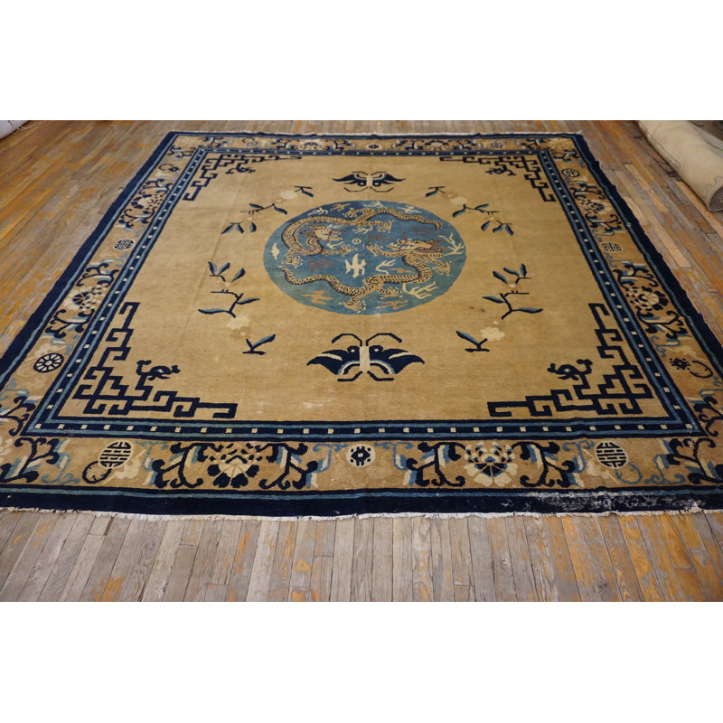 Antique Mongolian Design Chinese Geometric Medallion Hand Knotted Pile Rug