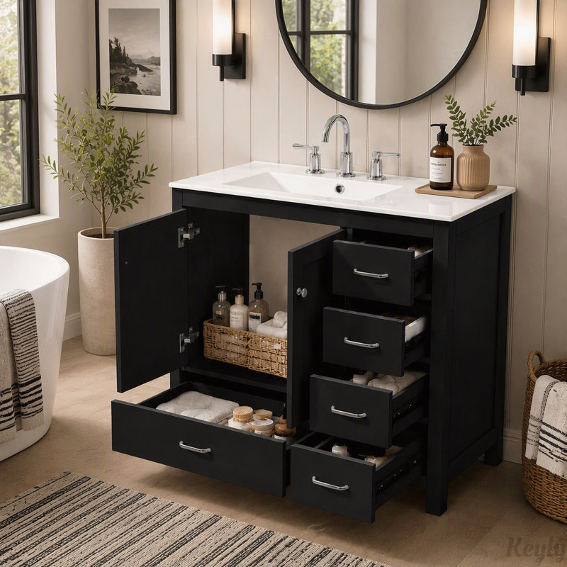 Meuble-lavabo de 91 cm avec lavabo en céramique, Noir, Argent