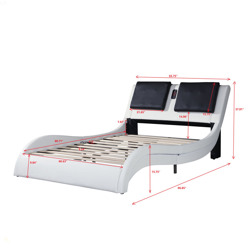 Faux Leather Upholstered Platform Bed Frame With Led Lighting ,Bluetooth Connection To Play Music Control,Backrest Vibration Massage,Curve Design, Wood Slat Support
