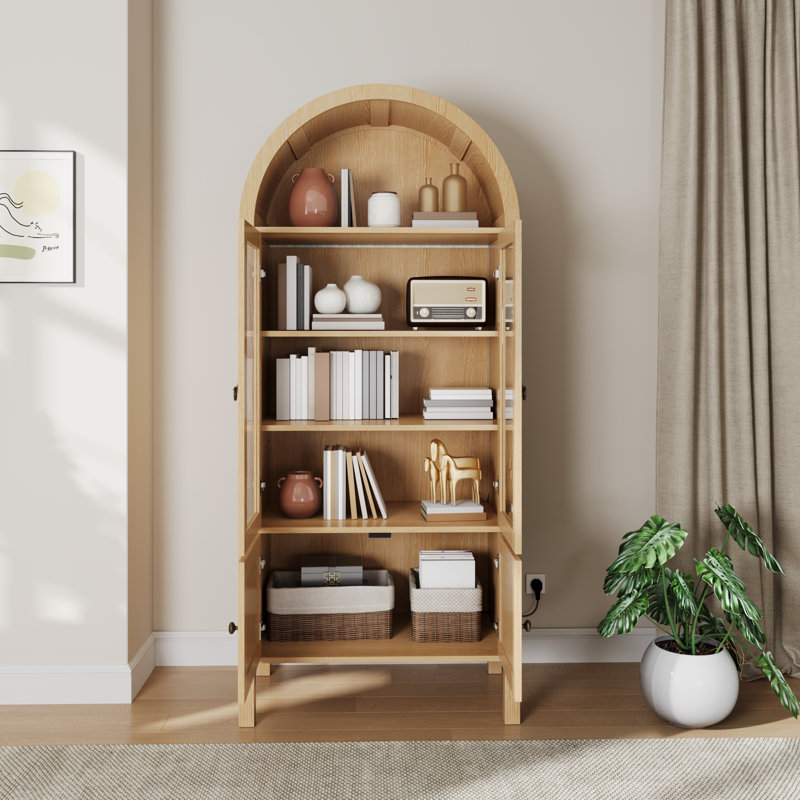 Vitrine arquée de 71 po de hauteur avec éclairage DEL, portes et tiroir, Bois naturel