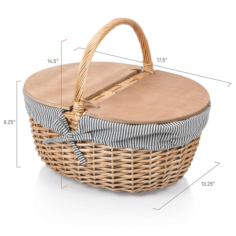 Navy Blue and White Stripe Wicker Picnic Basket with Wooden Lid