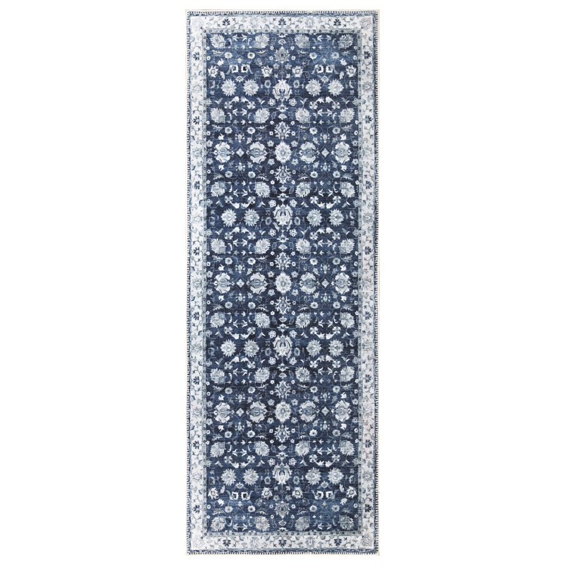  Washable Non-Slip Rug - Dark Blue Traditional Bordered Runner for Entryway, Hallway, Bathroom, and Kitchen, Runner 2'6" x 7'