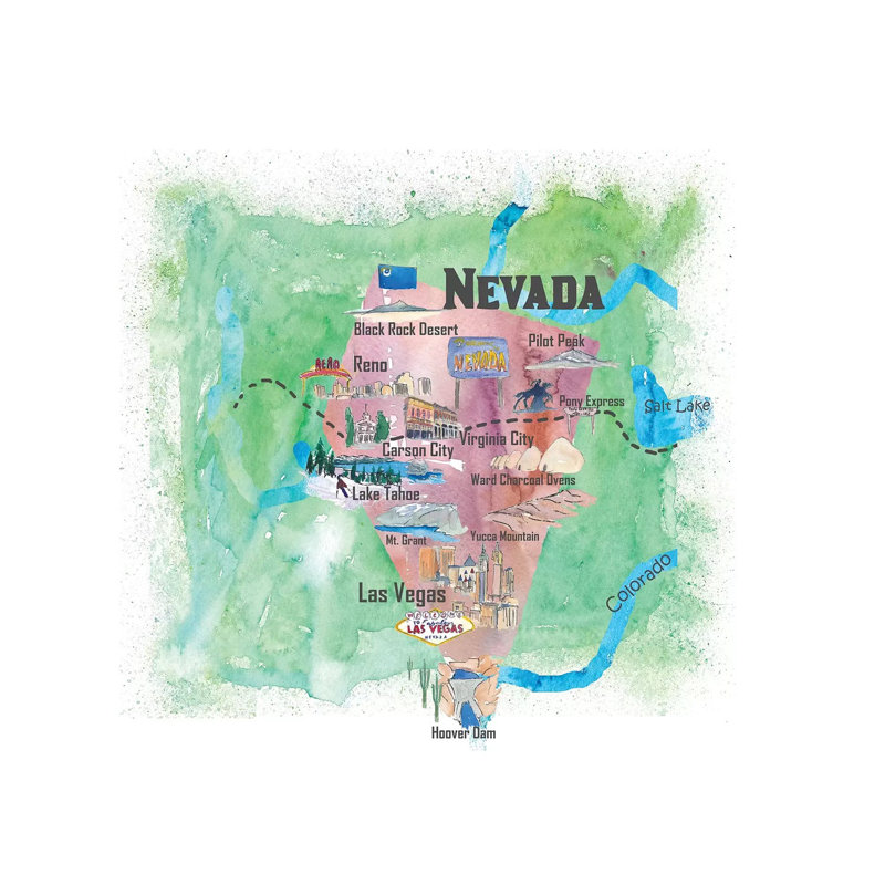 USA, Nevada Illustrated Travel Poster 1 Piece Wrapped Canvas Wall Art, 45.72 cm H x 45.72 cm W x 1.91 cm D