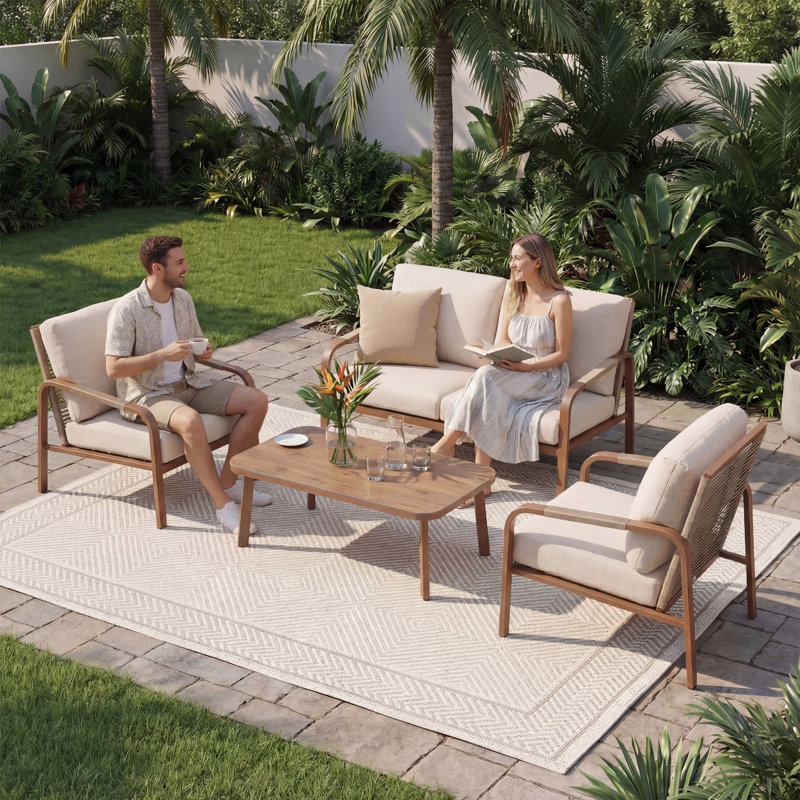  Ensemble de conversation de patio 4 pièces avec cadre en aluminium, dossier en rotin PE et coussins imperméables, canapé d'extérieur et table basse pour balcon de jardin, beige