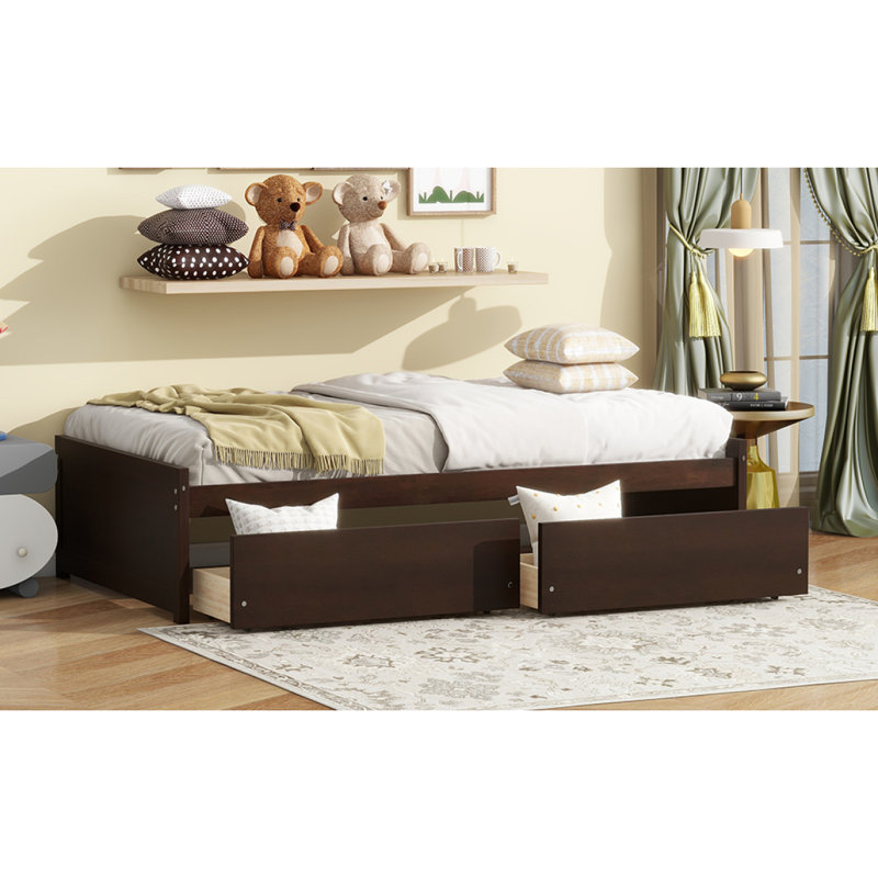 Twin Size Bed with 2 Drawers, Solid Rubber Wood Bed,Espresso