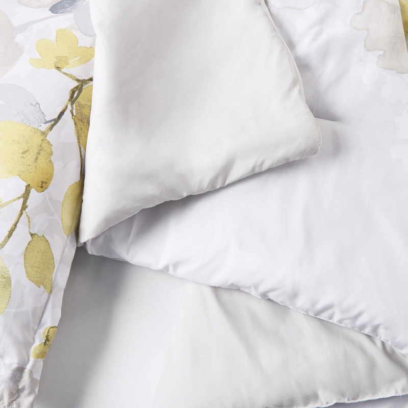 Literie pour lit simple TG avec édredon - imprimé feuilles jaunes et grises, tissu en microfibre, édredon rembourré, poches latérales pour drap-housse pour le rangement, draps imprimés lavables à la machine, microfibre ultra douce,