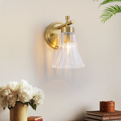 9.5 in. Vintage Brass Bathroom Vanity Light with Clear Fluted Glass Bell Shades (1/2/3-Light Options)