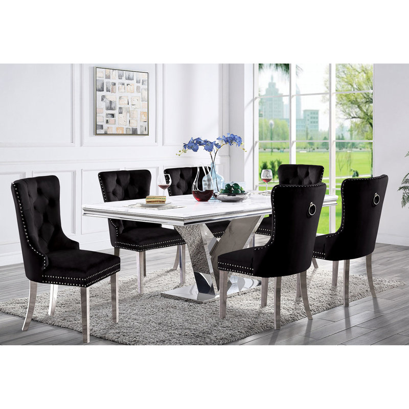 Of 2 Wingback Black Flannelette Chairs For Dining, Button- Upholstery, Legs 2Pcs Dining In Flannelette, Metal Ring Handle,