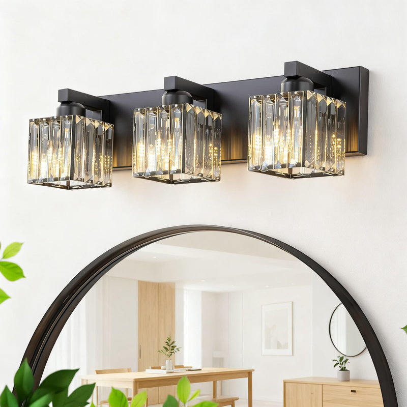 Luminaire de meuble-lavabo de salle de bain moderne à 3 lumières avec accents de cristal - Luminaire carré noir à fixation murale pour miroir - à intensité variable et compatible avec douille E26