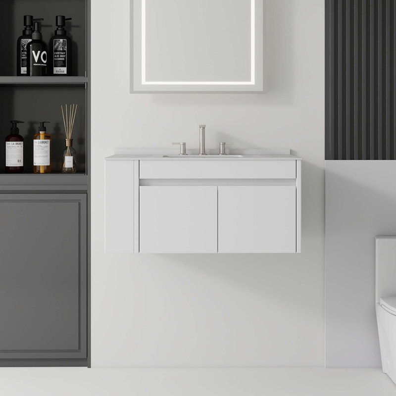 Meuble-lavabo suspendu avec lavabo et comptoir en marbre reconstitué, White