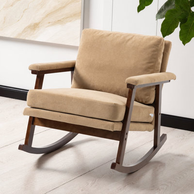 Chaise berçante moderne en velours 32,7 po Mid-Century - Chaise berçante d'appoint rembourrée avec structure en bois, coussin éponge haute densité et coussin lombaire - Fauteuil de lecture confortable pour le salon, la chambre à coucher et la véranda - Capacité de 250 lb