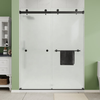 61"-66" Wx 72" H Double Sliding Frameless Shower Door in Matte Black with 1/4" (6mm) Frosted Glass, Aluminum Frame