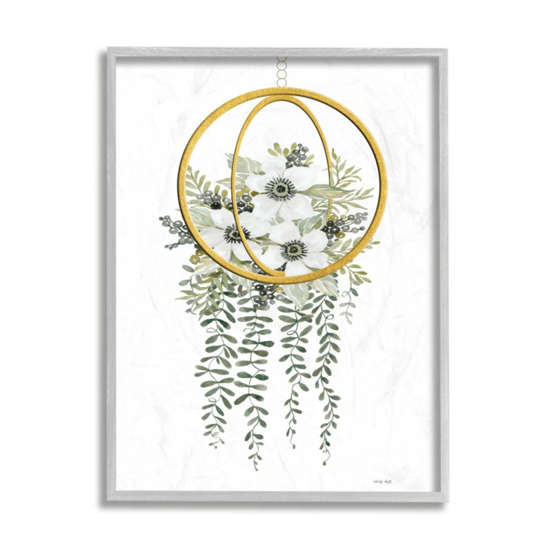 «White Floral Poppies Vines Interior Modern Pot» par Cindy Jacobs - reproduction d'art, H 14 po x l 11 po, Encadré gris
