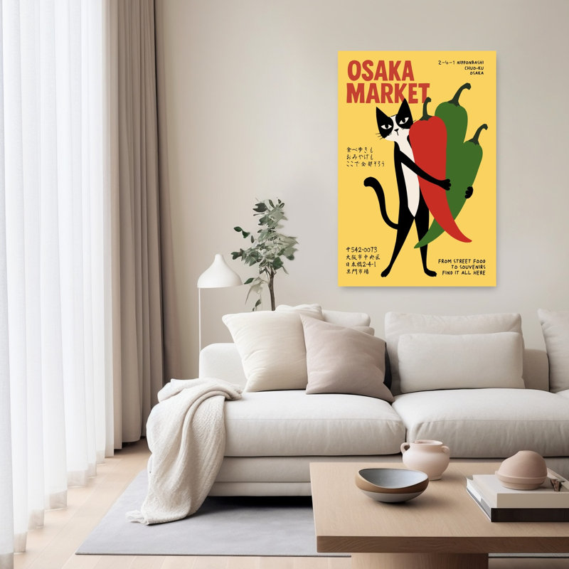 Osaka Market Cat Retro Vibrant Contemporary Cat Wall Art Print by Patryk Krygowski - Wrapped Canvas Print