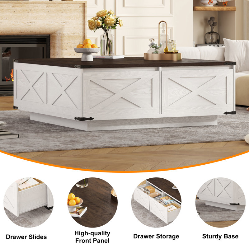 Grande table basse 43 po avec 4 tiroirs de rangement, White and Brown