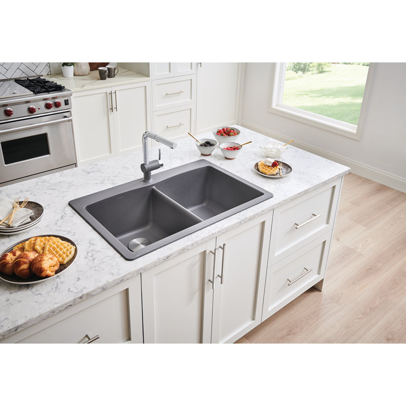 Diamond 33" L x 22" W Double Basin Dual Mount Kitchen Sink with Accessories, White