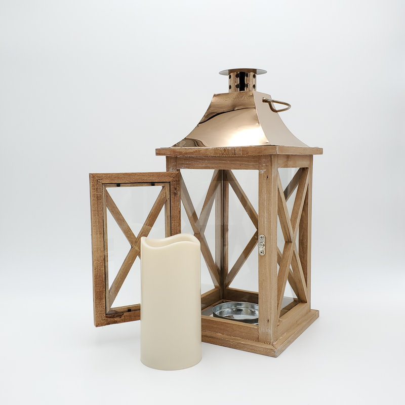 Lanterne en bois naturel avec toit en cuivre et bougie à piles