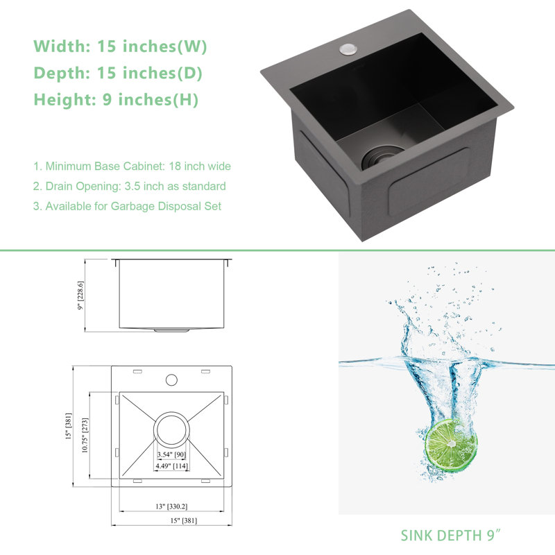 15" L x 20" W Drop-In Kitchen Bar Sink Single Bowl Stainless Steel Kitchen Sink with One Faucet Hole, Black, 15" L x 15" W