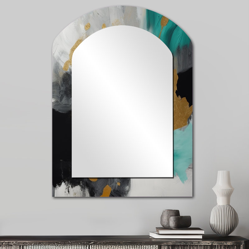 Full Moon Happiness Gold & Turquoise Abstract V - Abstract Painting Arch Large Wall Mirror, Modern Asymmetrical Unique Mirror, Printed Metal Art