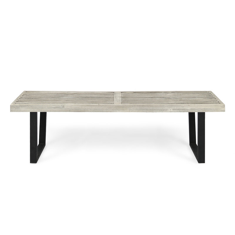 Rustic Contemporary Outdoor Bench, Wood And Black Iron, 61.38 In Length, Comfortable For Three Surface, Closed Iron Legs, Gray Wash Finish, Minimal, Artistic
