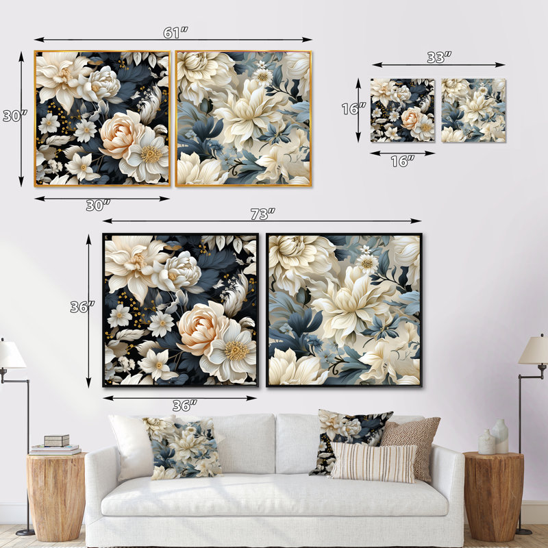 Phebe - Ensemble de 2 collages carrés floraux, Toile tendue, H 36 po x l 73 po