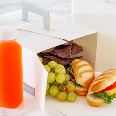 Restaurantware-Cater Tek 9 x 7 x 3 Inch Food Boxes, 100 Grease-Resistant Take Out Food Containers - With Handle, Recyclable, White and Gray Paper To Go Containers, For Meals, Snacks, Or Baked Goods