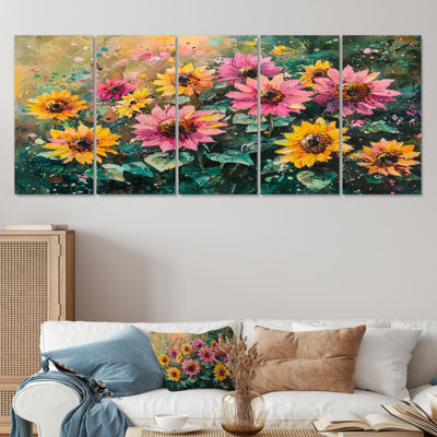 Printemps symphonie de tournesols roses II - - Décoration murale tournesols - - Art mural traditionnel Tradi