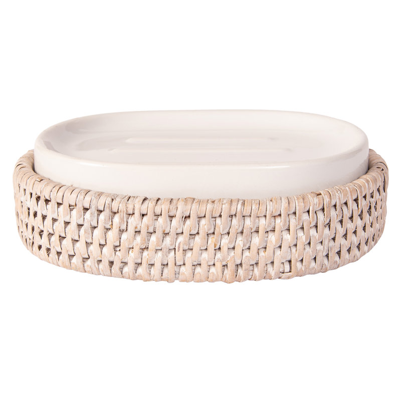 Porte-savon ovale en rotin avec insert en céramique , Blanc délavé