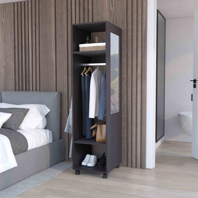 Garde-robe avec miroir, trois tablettes, roulettes et tringle, armoire, rangement pour vêtements de chambre à coucher, rangement pour armoire