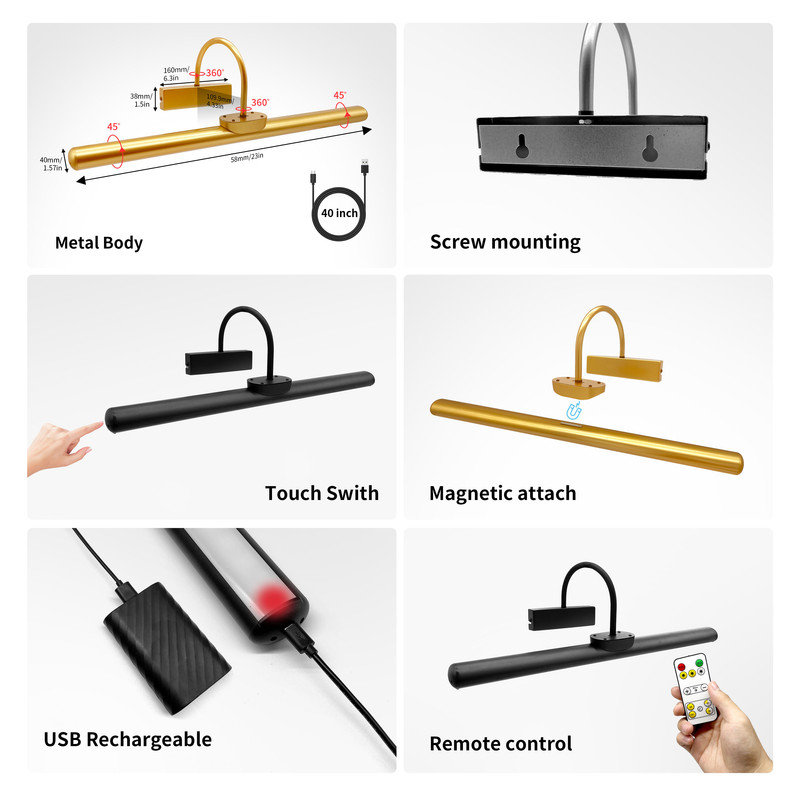 23" Wireless Picture Lights, Rechargeable Battery Art Display Light with Remote Control, Gold