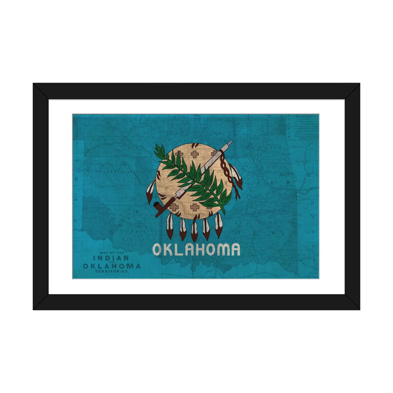 «Flags Oklahoma Map», impression sur toile, H 16 po x l 24 po x P 1 po, Papier d'art encadré noir, Blanc